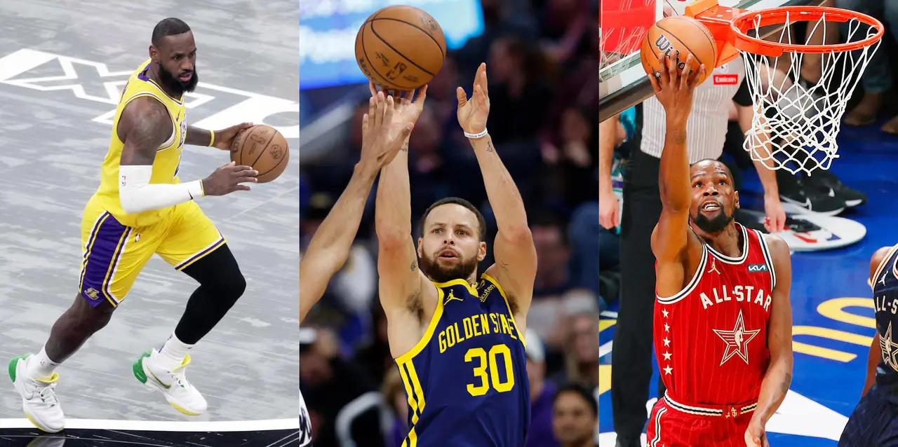 Combo de tres fotograf&iacute;as donde aparecen los basquetbolistas estadounidenses Lebron James (i), Stephen Curry (c) y Kevin Durant. James, Curry y Durant liderar&aacute;n a la todopoderosa selecci&oacute;n masculina de baloncesto de Estados Unidos para los Juegos Ol&iacute;mpicos de Par&iacute;s 2024. EFE