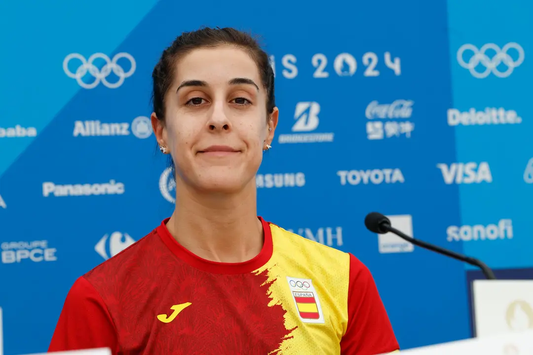 Carolina Mar&iacute;n, jugadora del equipo ol&iacute;mpico espa&ntilde;ol de badminton, ofrece una rueda de prensa de cara a su participaci&oacute;n en los Juegos Ol&iacute;mpicos de Par&iacute;s 2024. EFE/ Chema Moya