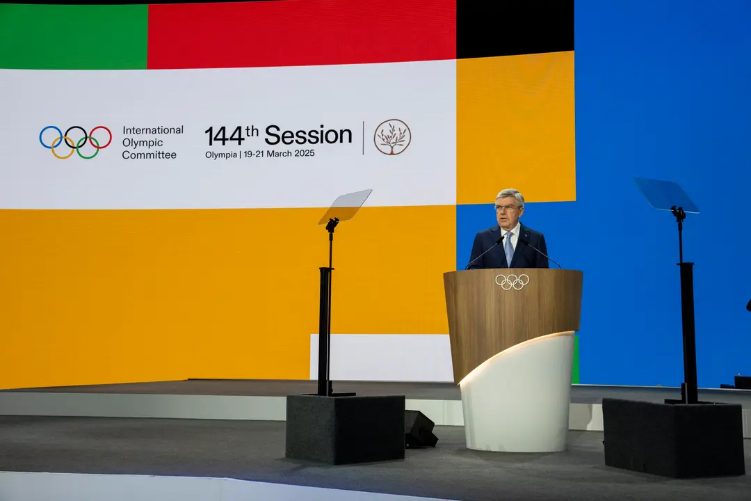 El presidente del Comit&eacute; Ol&iacute;mpico Internacional (COI), el alem&aacute;n Thomas Bach, interviene en la 144 Sesi&oacute;n del COI. EFE/ IOC/GREG MARTIN