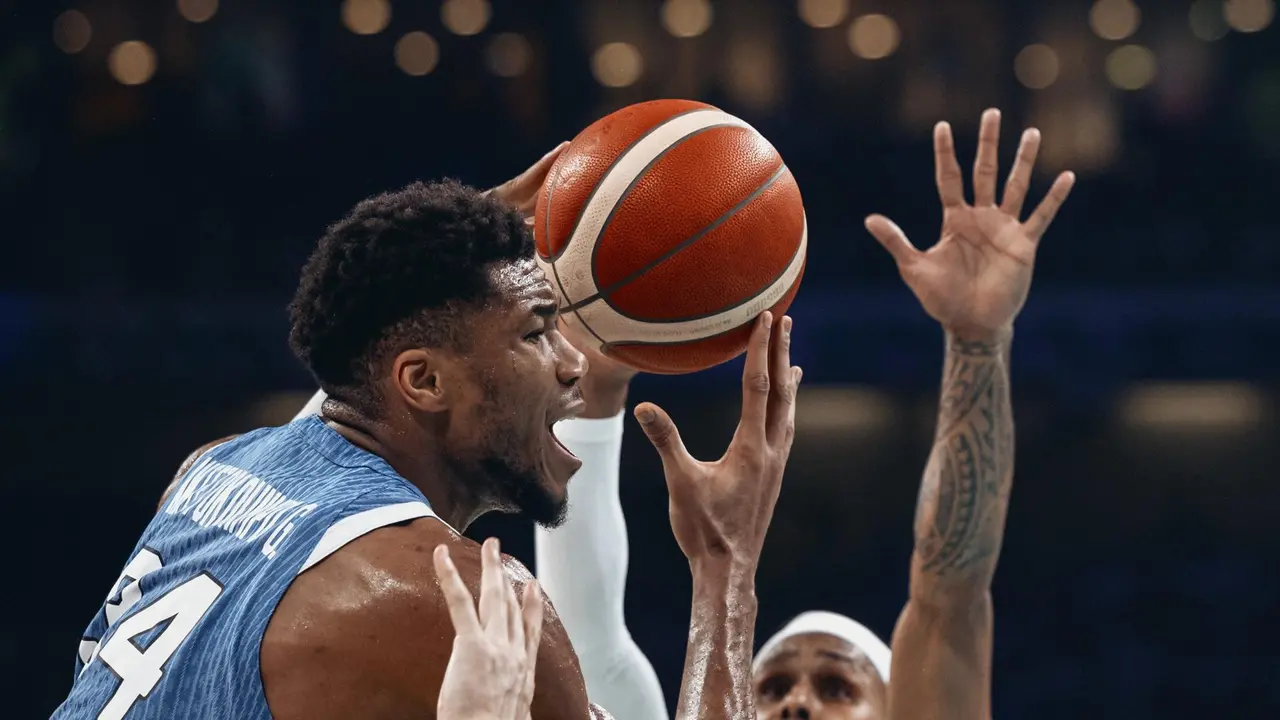 Giannis Antetokounmpo, de Grecia, en acci&oacute;n durante el partido del Grupo A contra Australia en los Juegos Ol&iacute;mpicos de Par&iacute;s 2024. EFE/EPA/ALEX PLAVEVSKI